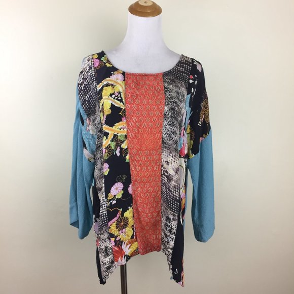 CITRON Textured Blue Multi-Color Patchwork Print 100% Silk Long Sleeve Shirt - Picture 3 of 10